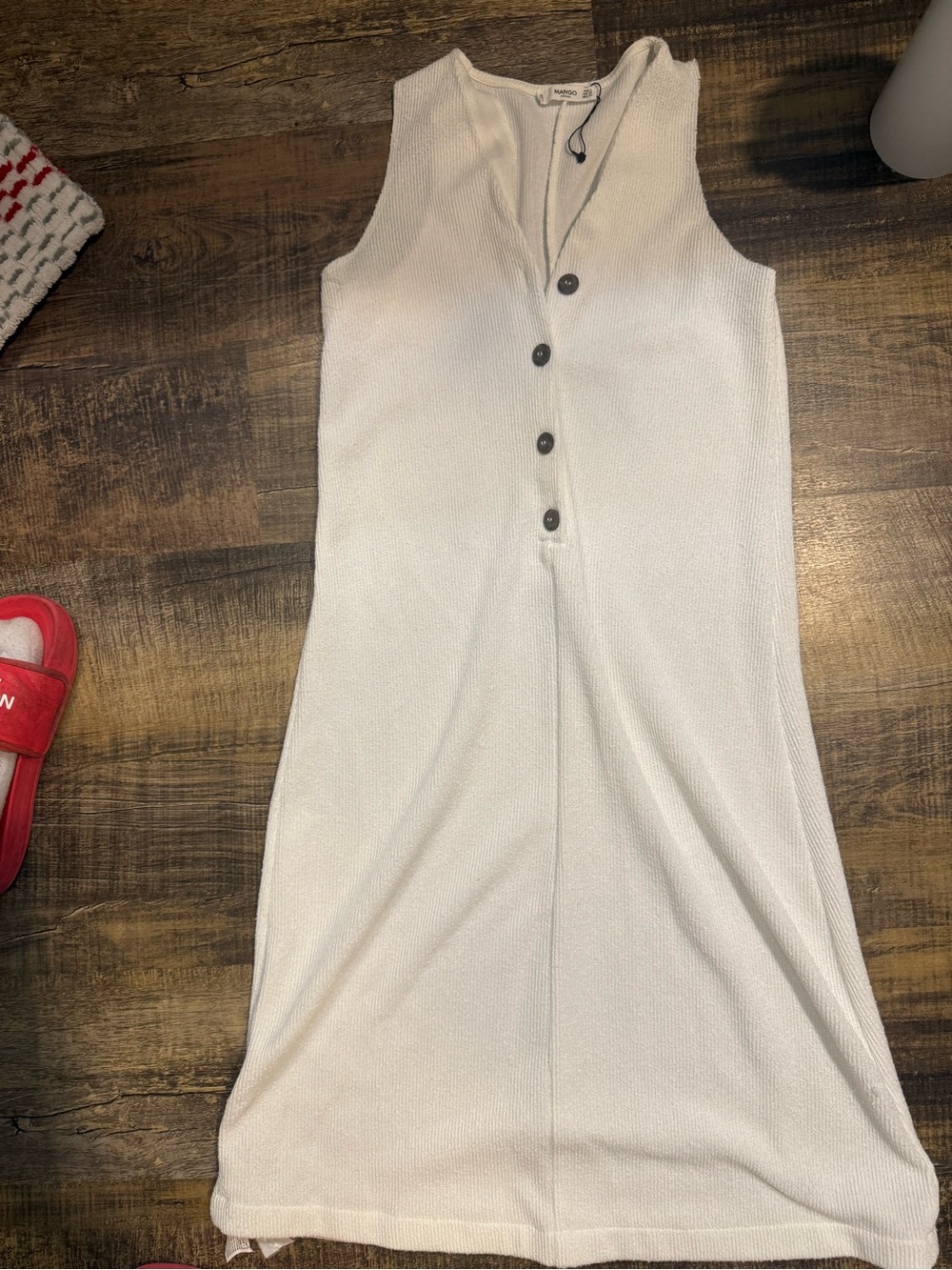 Mango Sleeveless White Button-Front Knit Midi Dress